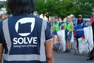The back of a volunteer coordinator wearing a SOLVE vest