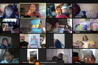 Girls participating in a workshop on a video conference call