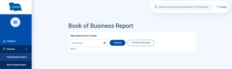 Book of Business Report dashboard showing date range filters and reporting options