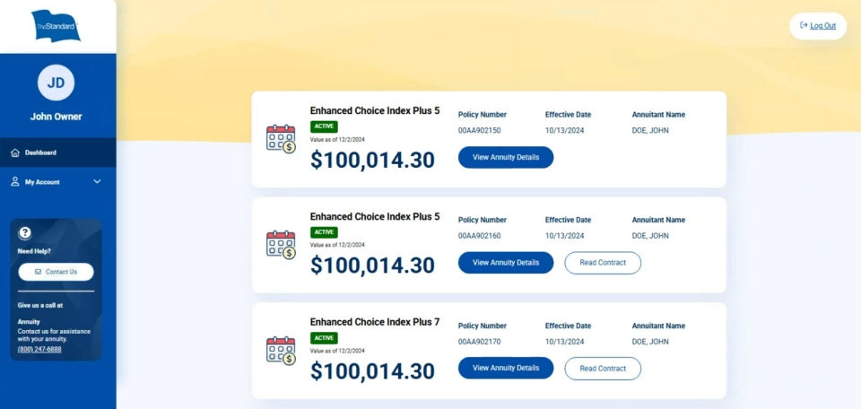 Account dashboard showing multiple annuity products with balances and options to view details or read contracts.