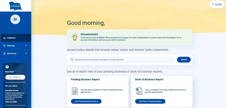 Dashboard screen showing reports, search bar, and pending business options.