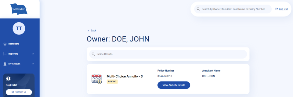 Policy owner details page showing an annuity record and option to view annuity details.