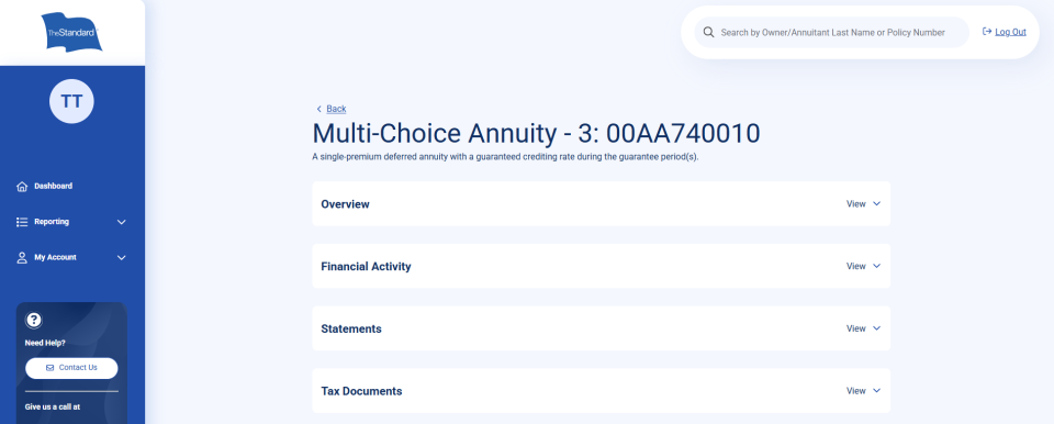 Multi‑choice annuity details screen showing expandable sections for account information and documents.