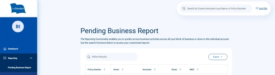 Pending Business Report page with search and reporting tools.